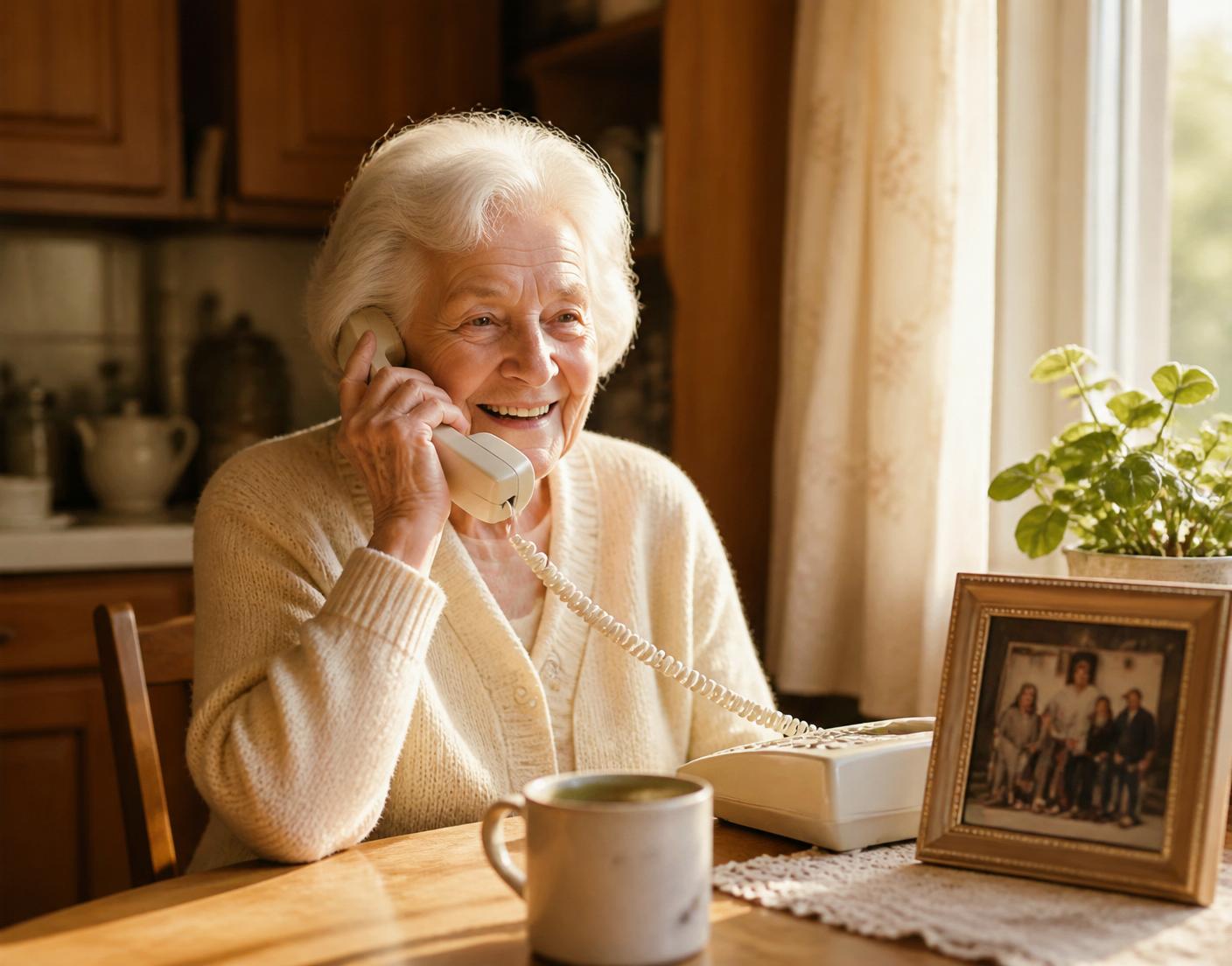 An older woman smiling while talking on her home telephone at a sunlit kitchen table